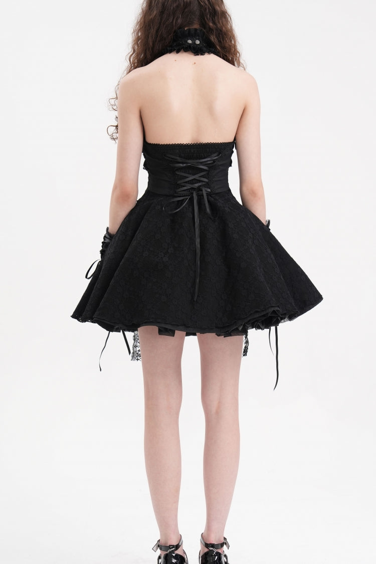 Sweet Black Cut-out Ruffle Lace Halter Gothic Dress