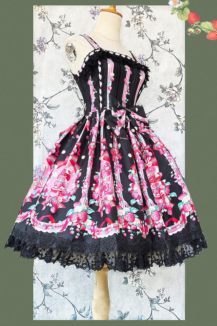 Sleeveless Bowknot Lace Sweet JSK with Print - Strawberry Chef