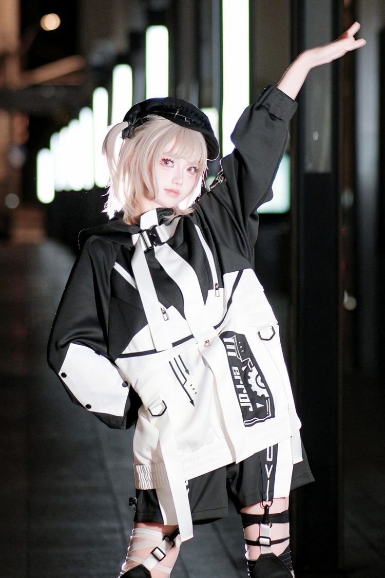 Black/White Zero-Type Transformation Techwear Long Sleeves Embroidered Hooded Punk Jirai Kei Shorts Coat Set