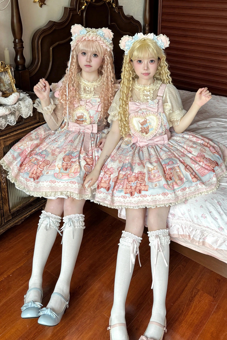 Bear Anniversary Celebration Sleeveless Printed Ruffled Bow Sweet Lolita Jumper Dress Two Colors