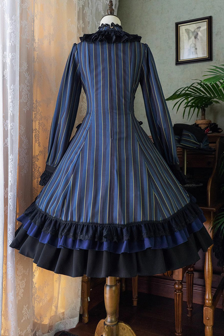 Point Manor Stand Collar Long Sleeves Multi Layer Striped Printed Ruffle Gothic Lolita Dress