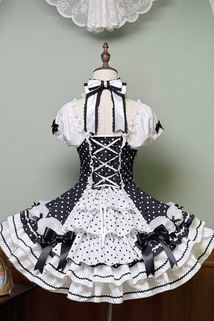 Black/White Halterneck Short Sleeve Triple-Layered Polka Dot Bow Lace-Up Sweet Dress