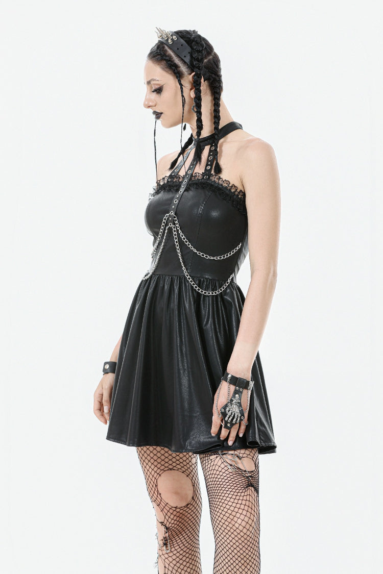 Halterneck Zippered Chain-Decorated Eyelet Punk Faux Leather Dress