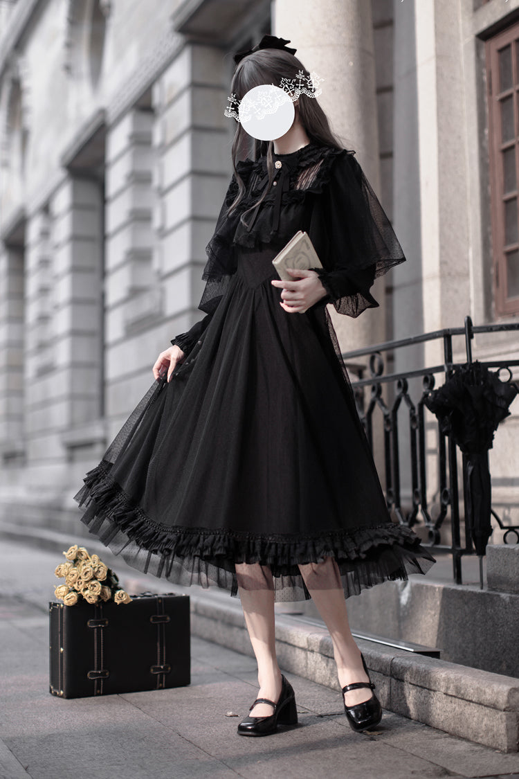 Midnight Lace-Sleeved Bow Detail Elegant Gown - Enchanted Nightdream