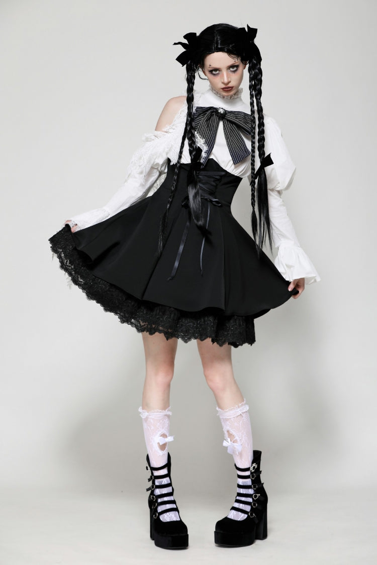 Lace High Collar Asymmetric Long Trumpet Puff Sleeves Bowknot Gothic Short Dress