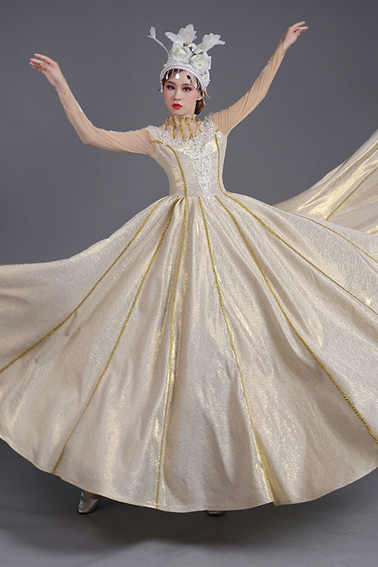Golden Embroidered High-Waist Victorian Gown