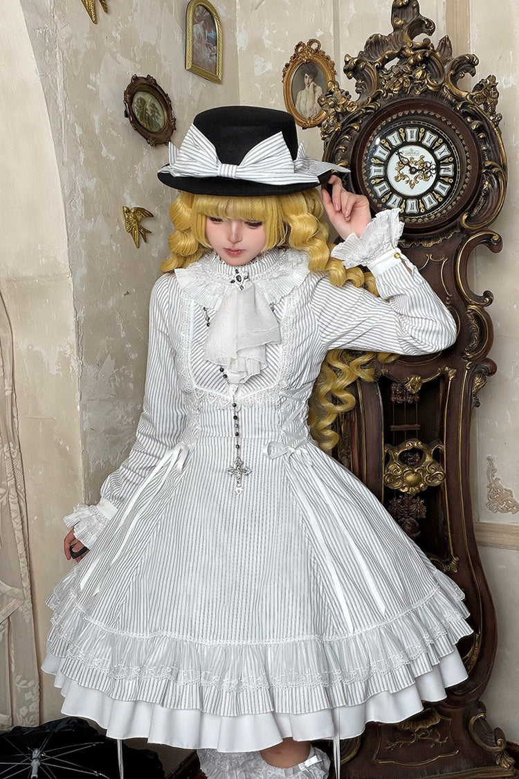 Ivory Manor Point High Collar Long Sleeve Striped Ruffle Hem Gothic Gown