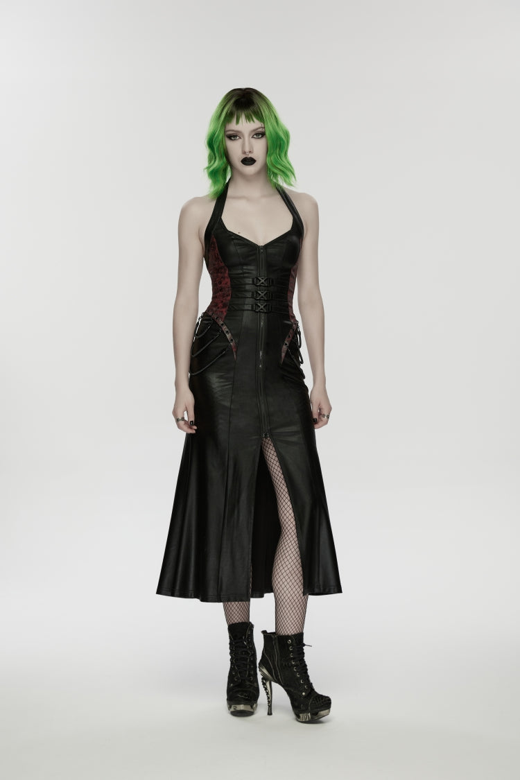 Crimson & Noir Halter Neck Sleeveless Buckle Detail Punk Mini Dress