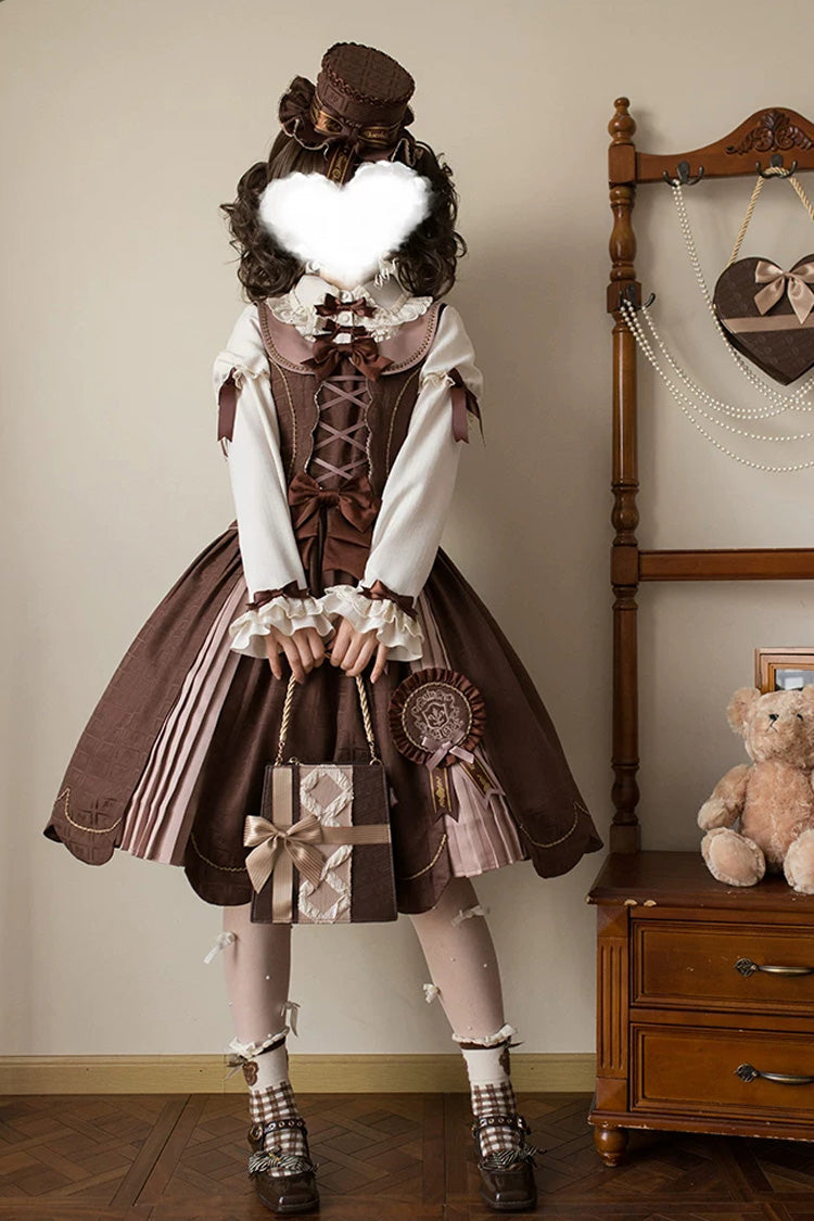 Brown Printed Embroidered Bow Lace-Up Classic JSK Dress & Skirt - Teddy Chocolate Bar