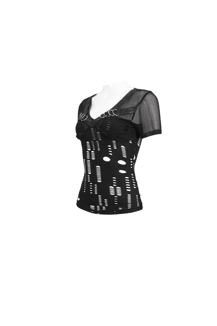 Destroyed Faux Leather Punk Tee with Metal Ring