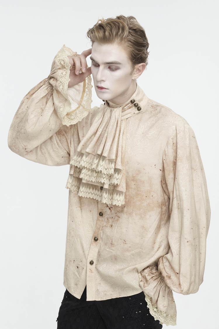 Gothic Apricot Stand Collar Puff Sleeve Men's Shirt with Necktie