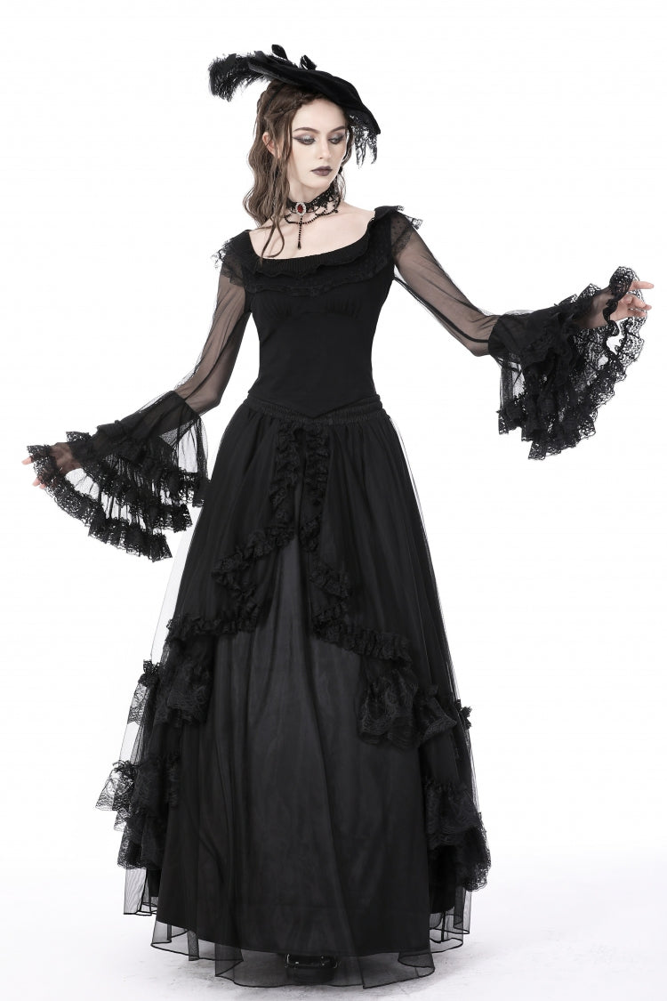 Gothic Women's Top with Trumpet Sleeves and Ruffles, Black