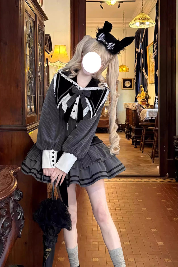 Navy Collar Long-Sleeved Printed Ruffled Bow Gothic Lolita Dress