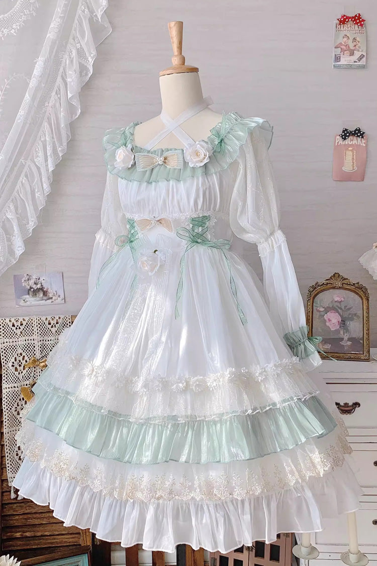 Long Sleeve Multi-Layer Ruffle Bow Lace Lace-Up Sweet Princess Lolita Dress - Green