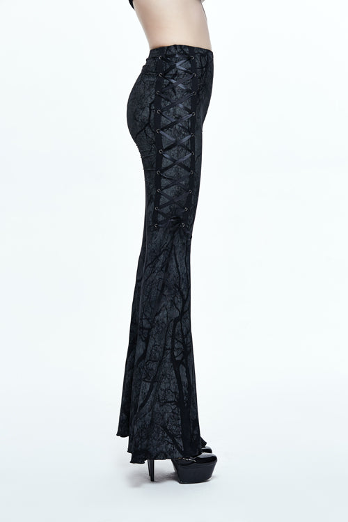Gothic Bellbottom Pants with Branch Printing and Forest Motif