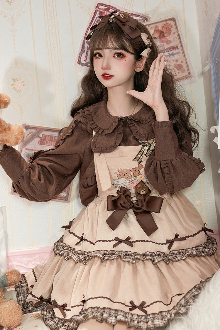 Khaki Cute Bear Embroidered Sleeveless Double Layer Ruffle Bow Sweet Jsk Dress