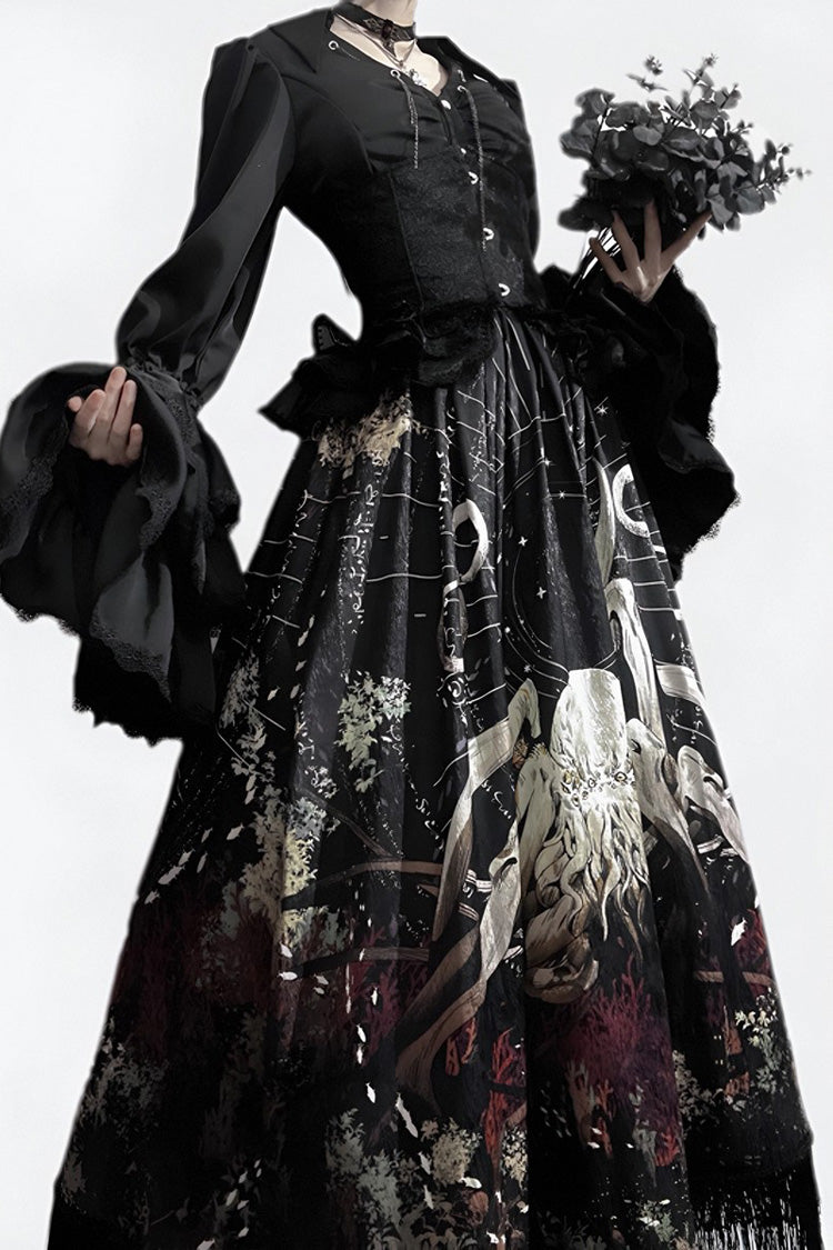 Black Reborn Ancient God Long Hime Sleeve Print Lace Gothic Lolita Skirt Set