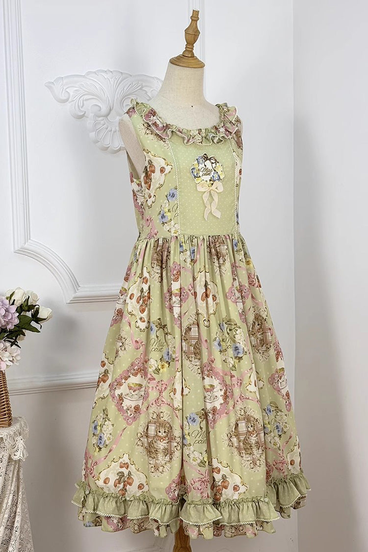 Green Sleeveless Print Ruffle Bowknot Sweet JSK Dress