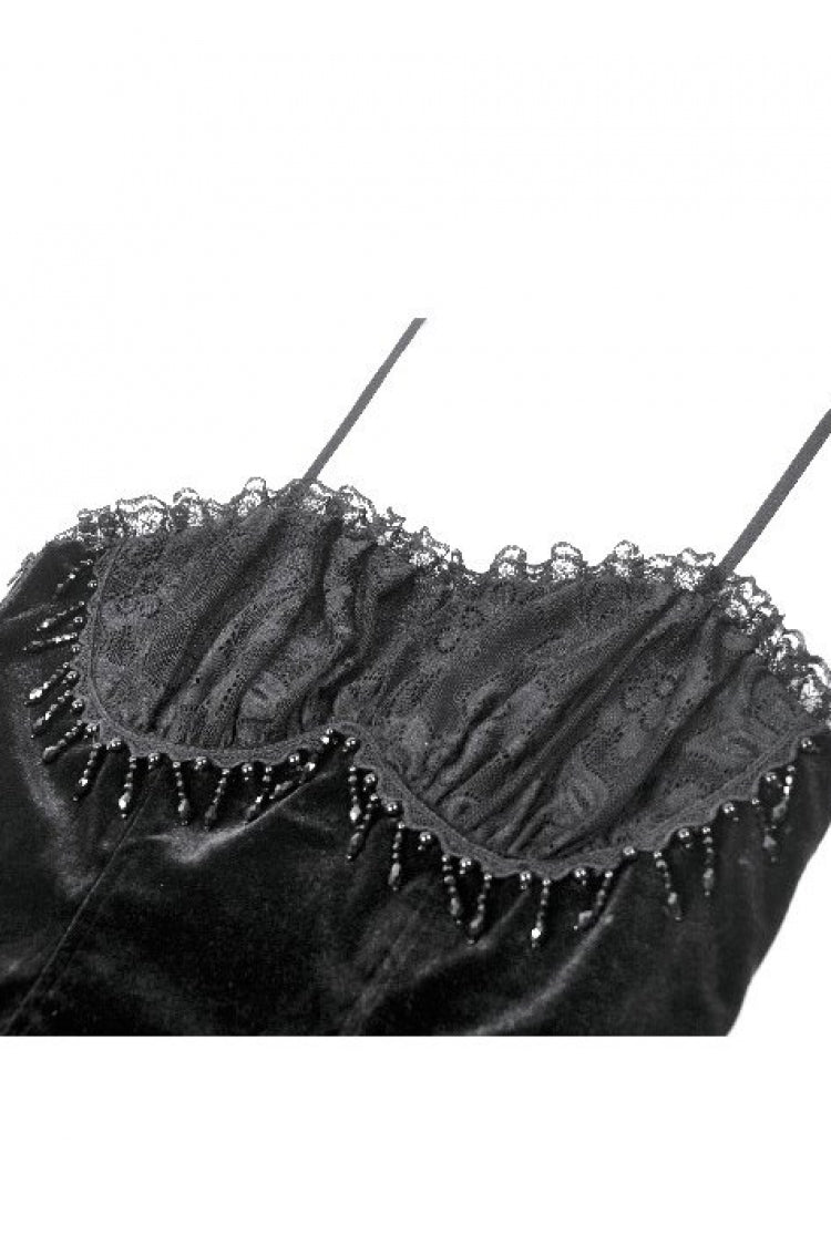 Gothic Vintage Velvet Black Lace Mesh Bustier with Beaded Tassel Drops