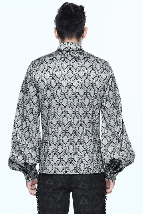 Gothic Mens Blouse with Lantern Sleeves and Jacquard Print