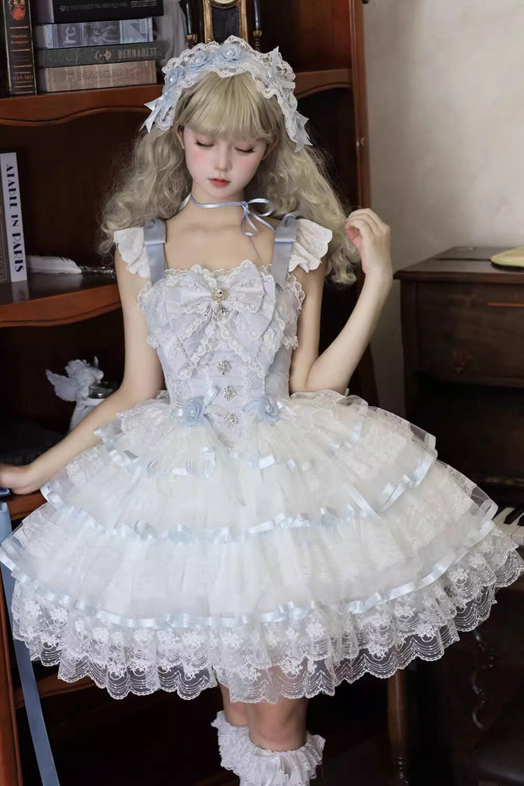 Azure Rose Feather Waltz Sleeveless Triple-Layer Ruffle Bow Lace Ballet Lolita JSK