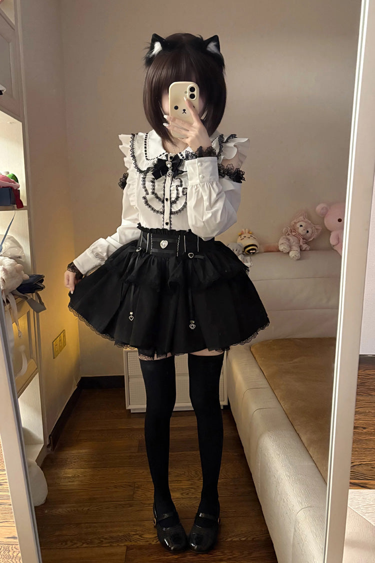 Monochrome Doll-Collar Ruffle Bow Sweet Jirai Kei Skirt Set