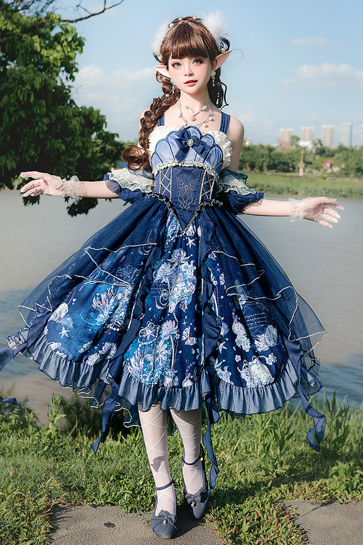 Blue Print Ruffle Lace Sweet Elegant Lolita Jsk Dress