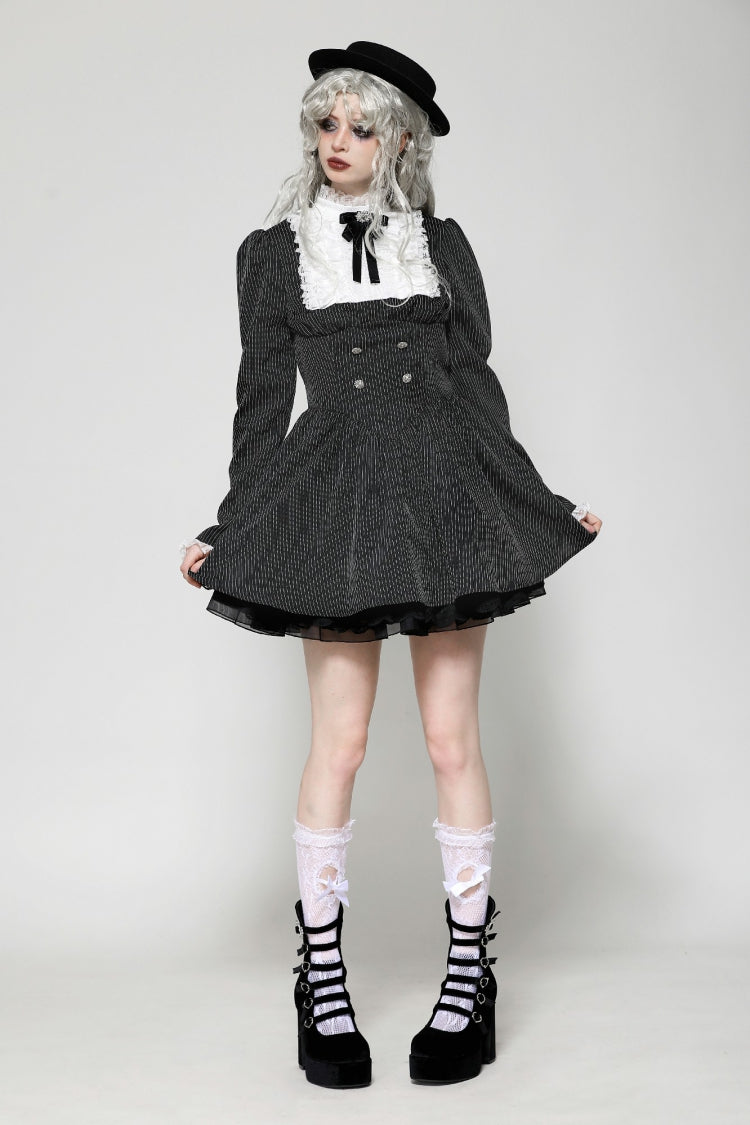 Black/White Striped Lace-Up Gothic Dress with Bow