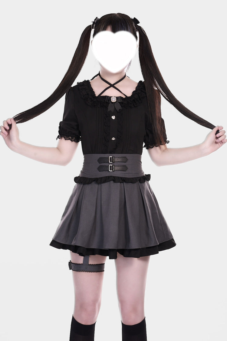 Grey Black Leather Buckle Leg Ring Double-Layer Ruffle Sweet Jirai Kei Skirt