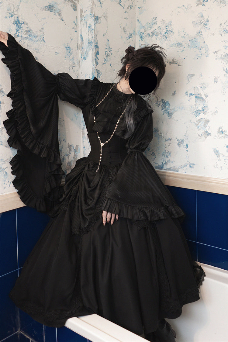 Black Sleepwalking Long Hime Sleeves Stitching Lace Plus Size Elegant Gothic Skirt Set