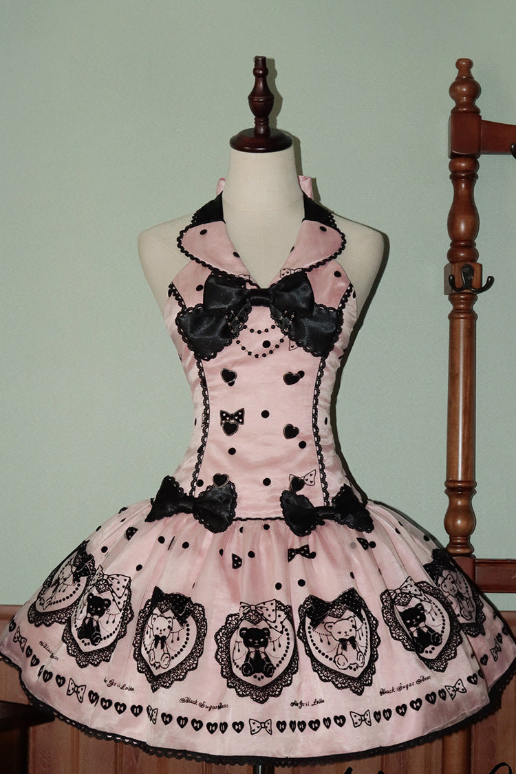 Pink Halterneck Sleeveless Embroidered Bow Sweet Dress - Sugar Bear