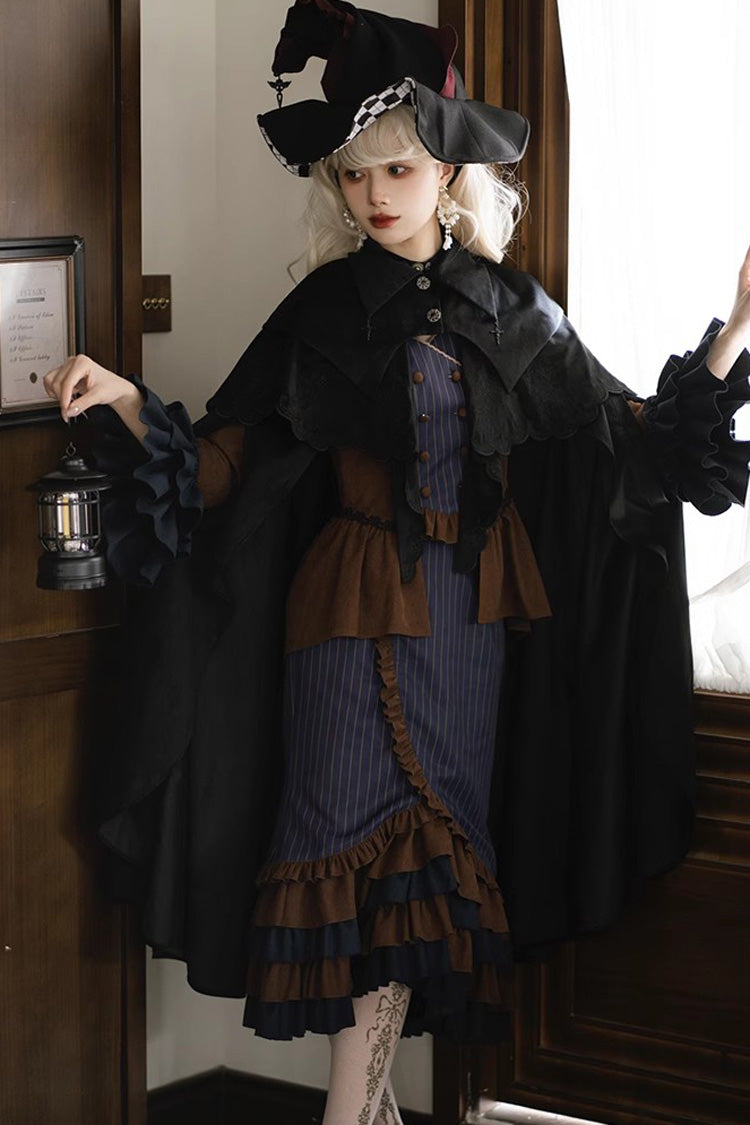 Blue Brown Time Traveler Long Sleeved Layered Printed Punk Mermaid Skirt Set