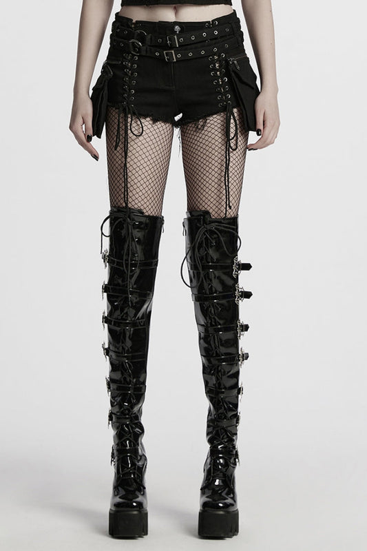 Punk Denim Shorts for Women with Detachable Pocket and Black Lace-Up Design