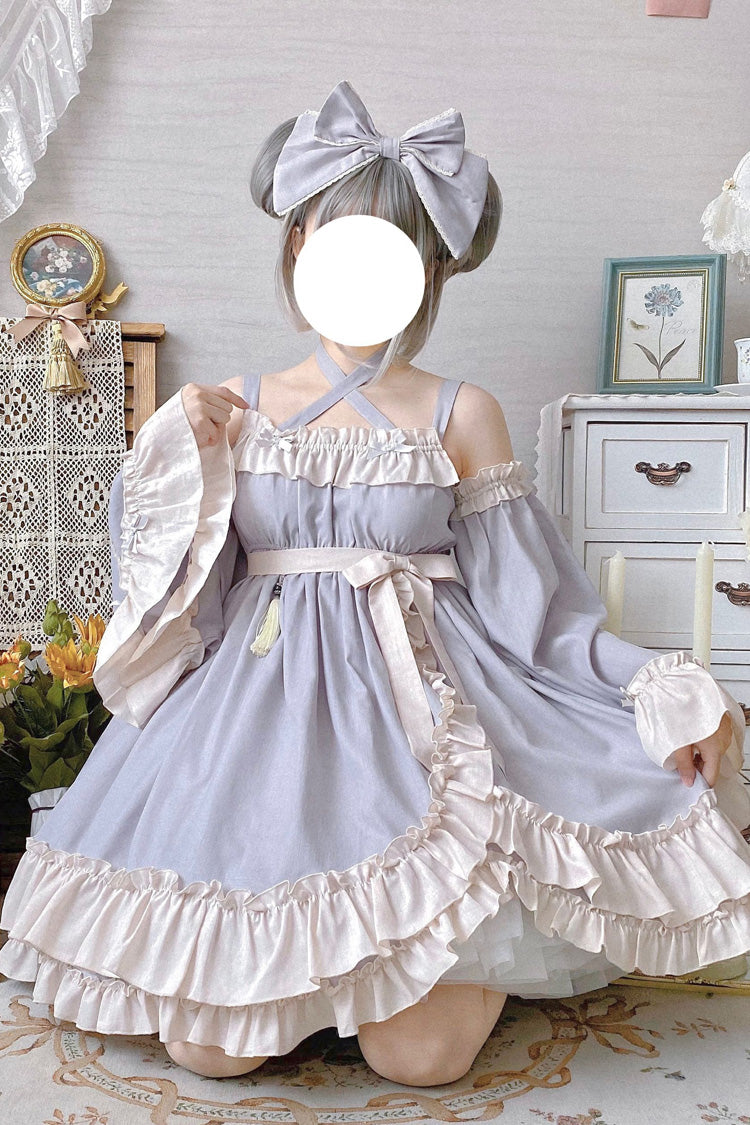 Sleeveless High Waist Ruffle Bow Asymmetric Sweet Lolita Jumper Dress - Grey