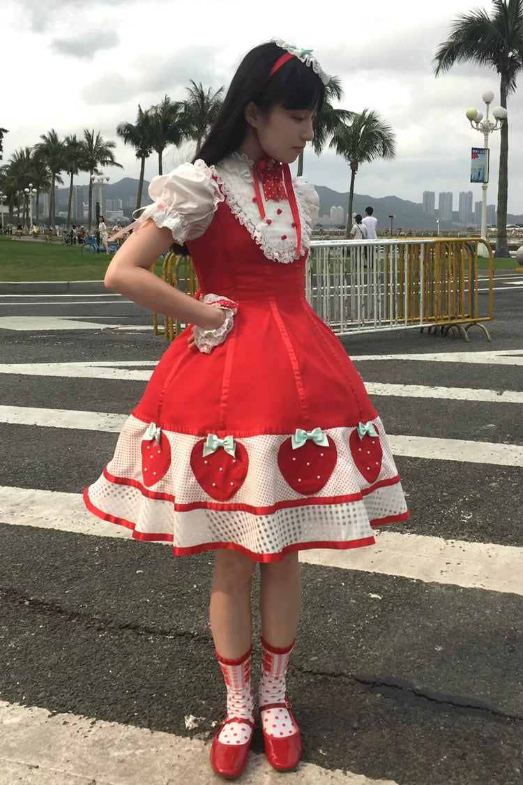 Sweet Lolita Dress with Stand Collar and Bow - Miss Peculiar Strawberry, 2 Shades