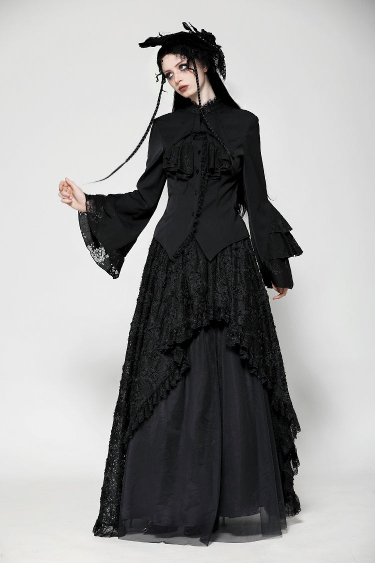 Multi-Layered Ruffled Stand Collar Long Flared Sleeve Gothic Blouse for Women Lace