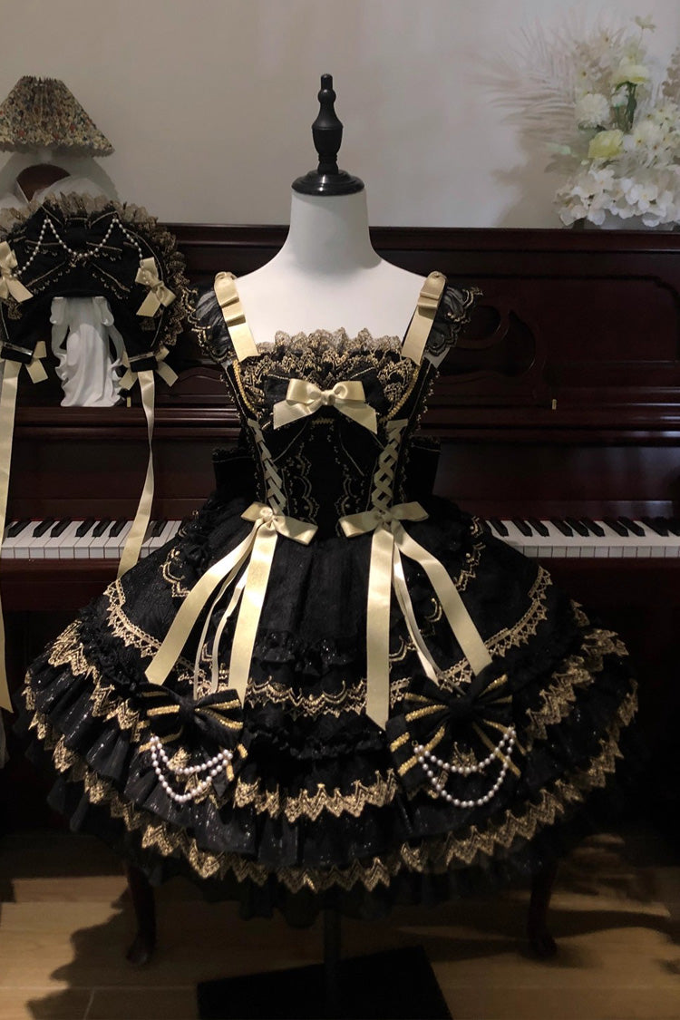 Black Gilded Memories Sleeveless Double-Layered Ruffle Hot Stamping Bowknot Lace Sweet Lolita Jsk Dress
