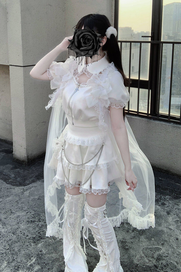 Gothic Layered Lace Zip Chain Skirt Set with Short Sleeves - Song of Atonement