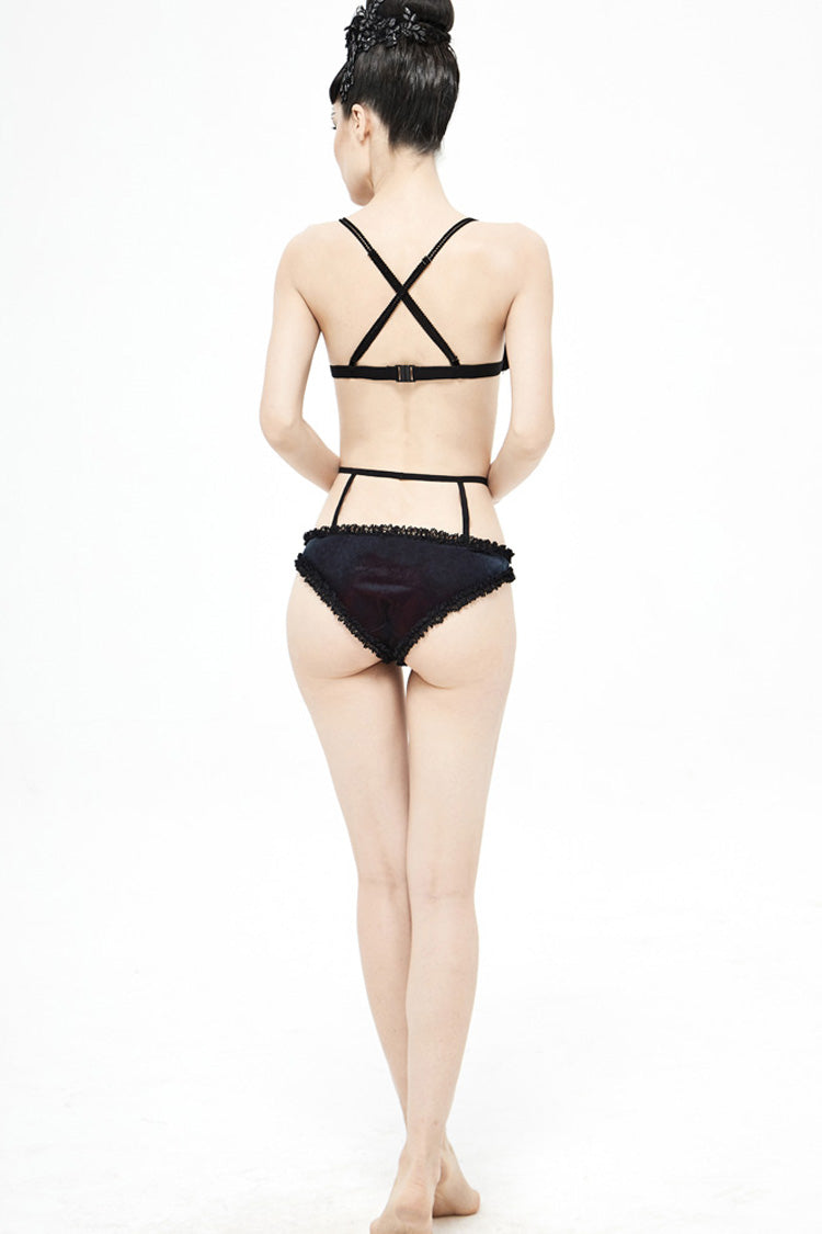 Noir & Red Lace-Up Velvet Gothic Swimsuit Ensemble