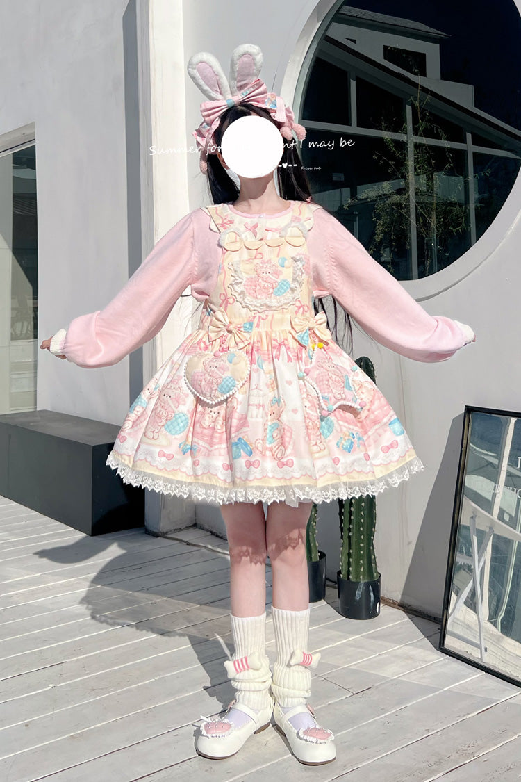 Kawaii Bears Printed Yellow Bow Stitching Lace Sweet Lolita Strap Dress - Miss Brown