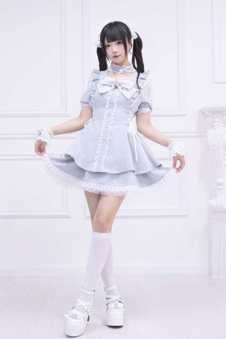 Light Blue Waltz Short Sleeve Ruffle Bow Gothic Jirai Kei Dress Set