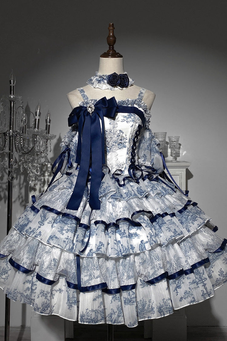 Cerulean and Ivory Sleeveless Bow Print Chinese Classic Sweet Lolita JSK Long Dress with Fishbone Details