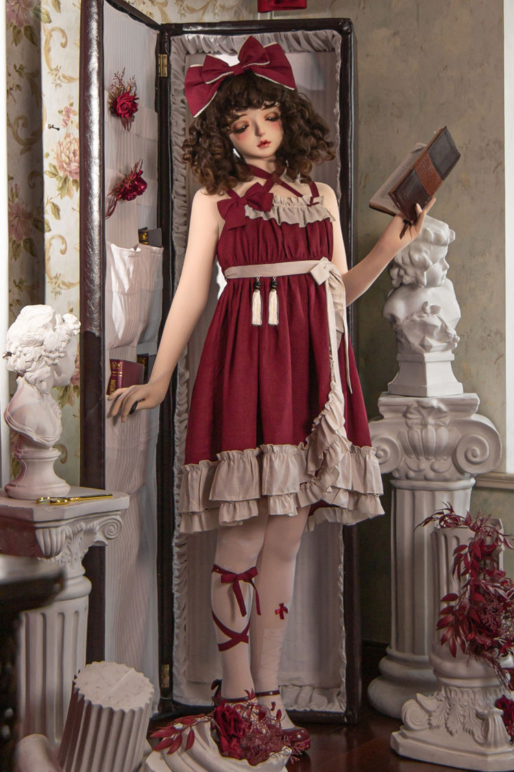 Sleeveless High Waist Ruffle Bow Asymmetric Gothic Lolita Jumper Dress - Red