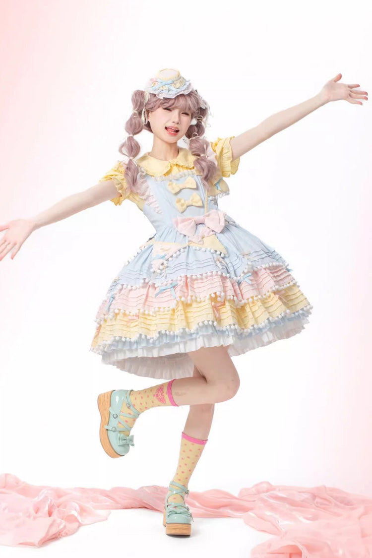 Blue Pink Yellow Sweetheart Macaron Ice Cream Multi-Layered Sweet Dress
