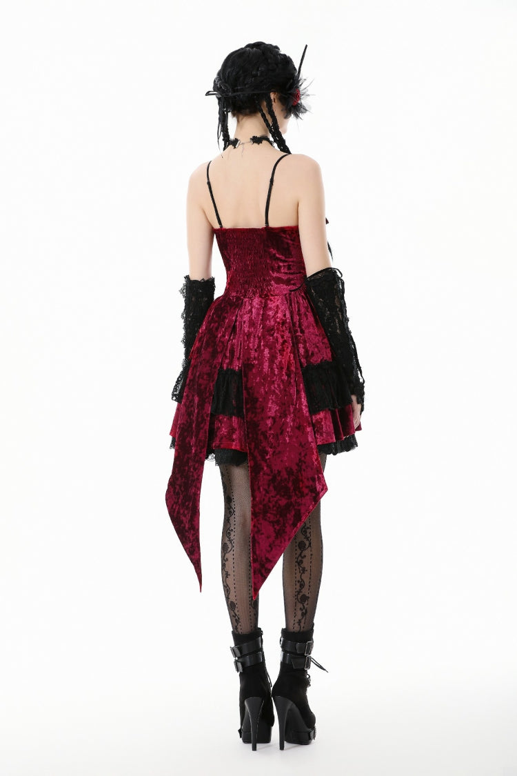Wine Red Corset Lace-Up Velvet Irregular Tail Lolita Gothic Mini Dress