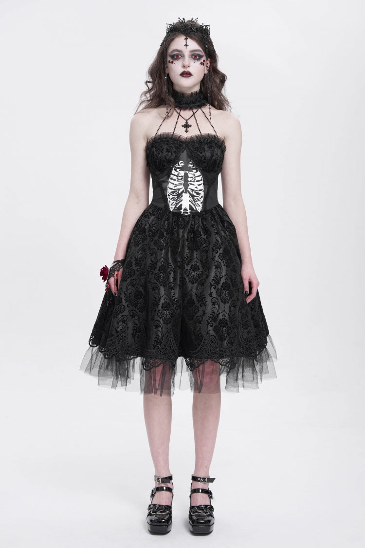 Unique Black Skeleton Print Embroidered Lace Stitching Halter Gothic Gown