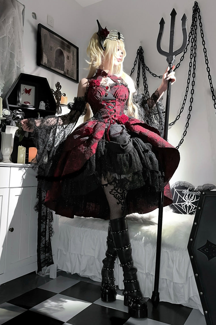 Red Ruffle Embroidery Cardigan Bow Lace Up Gothic Lolita Jsk Dress