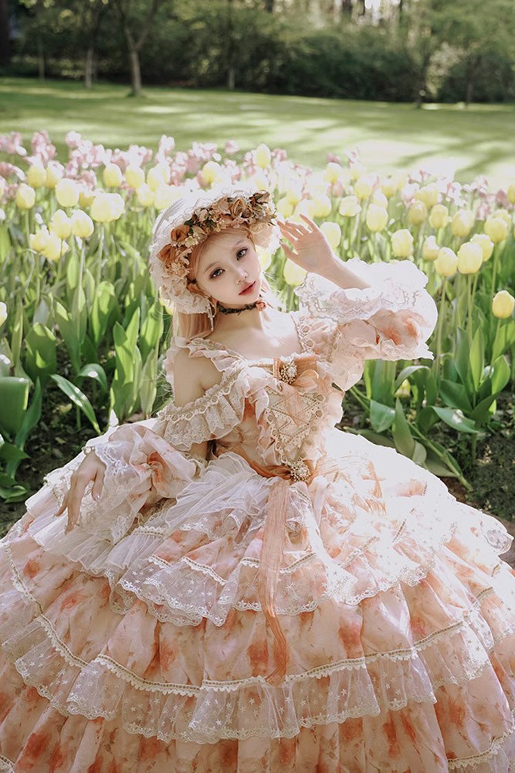 Pink Off-Shoulder Princess Dress with Rose Print and Ruffles