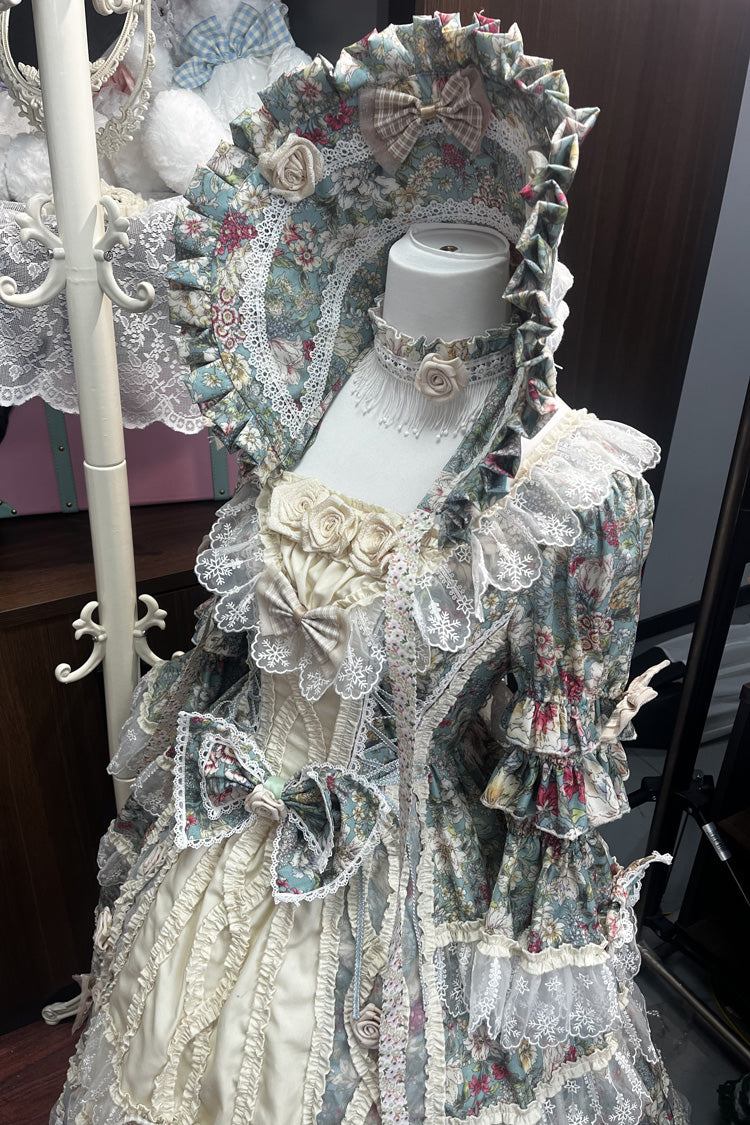 Green Ivory Print Ruffle Bow Lace Classic Vintage Princess Lolita Dress