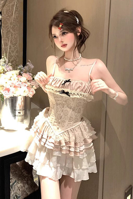 Apricot Multi-Layer Printed Embroidered Bow Sweet Vintage Lolita Skirt